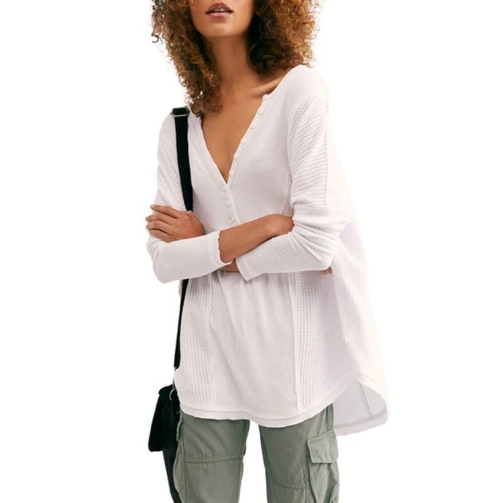 Free People Leo Henley Shirt Womens M White Waffle Knit Long Sleeve Thermal Boho